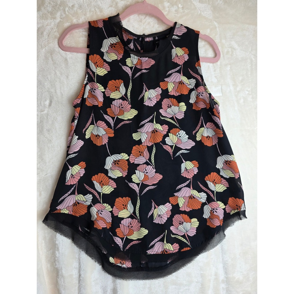 Who‎ What Wear Black Floral Print Sleeveless Mesh Hem Top Size S
